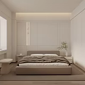 Minimalist Modern Bedroom Interior Design With White Headboard Built-in Lighting Nightstand Green Plant And Rug