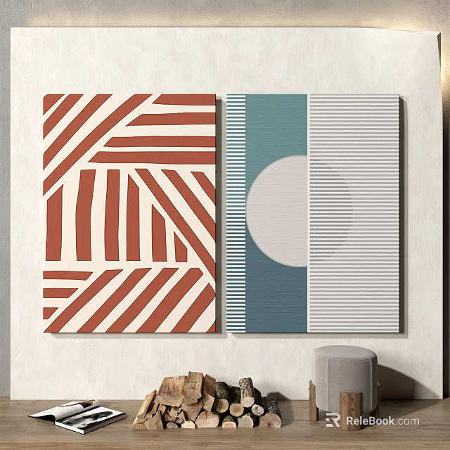 Abstract Paintings With Red White Stripes Geometric Patterns Blue Section White Circle And Vertical Lines 3d model