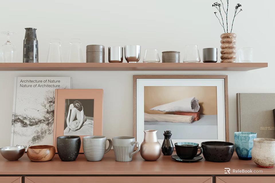 Stylish Ceramic Cups and Mugs on Wooden Shelf with Vases and Framed 3d model 