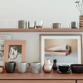 Stylish Ceramic Cups and Mugs on Wooden Shelf with Vases and Framed