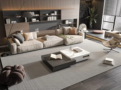Modern Living Room Beige Sofa And Coffee Table Set With Gray Rug And Green Plant 3d model