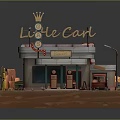 Retro Café Building Exterior Featuring Neon Sign Red Door And Decorative Red Car