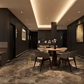 Modern Study Room Interior With Dark Wooden Walls Marble Floor Bookshelf Painting And Table Chairs