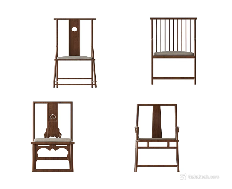 Traditional Chinese Wooden Leisure Chairs with Upholstered Seats and Various Back Designs 3d model 