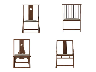 Traditional Chinese Wooden Leisure Chairs with Upholstered Seats and Various Back Designs 3d model