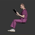 Game Movie Character in Pink Scrubs Sitting on Reflective Ground Holding Tablet with Gray Background