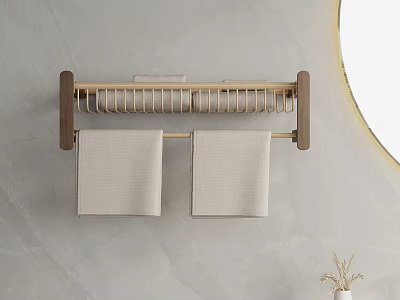 Modern Wall Mounted Storage Shelf in Bathroom with Hanging Towels and Wooden Frame 3d model