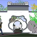 Traditional Chinese Scenic Wall with Circular Gateway Courtyard Rockery Pavilion and Trees