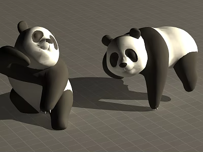 Cute Black And White Pandas Standing And Lying On Gray Grid Background 3d model