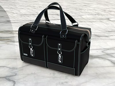 Black Leather Handbag With Two Front Zipper Pockets And Black Handles On Marble Surface 3d model