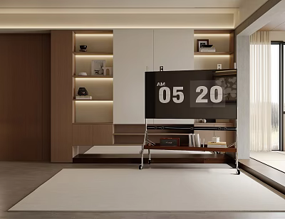 Modern Living Room Interior With TV Wall Storage Cabinets Recessed Lighting And Neutral Rug 3d model