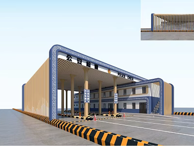 Chinese Style Gateway Entrance With Blue Gold Accents Pillars And Traffic Barriers 3d model