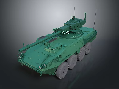 Green Wheeled Military Tank with Detailed Turret Antennas and Armored Side Equipment 3d model