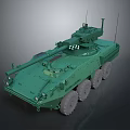 Green Wheeled Military Tank with Detailed Turret Antennas and Armored Side Equipment