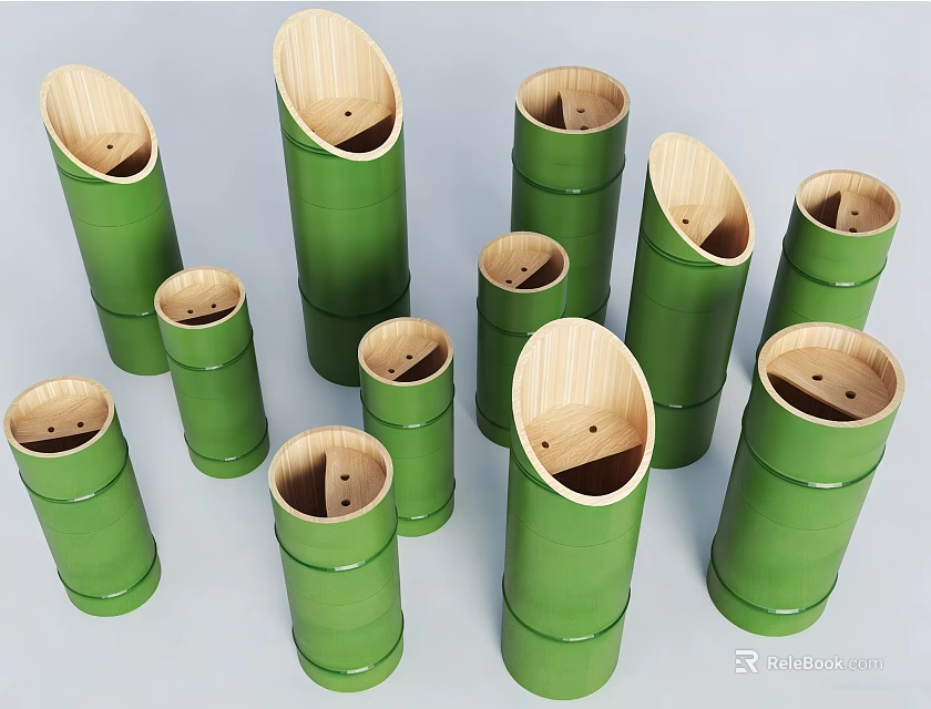 Garden Courtyard Decor with Green Bamboo Tubes Various Sizes Open Top Light Wooden Interior 3d model 