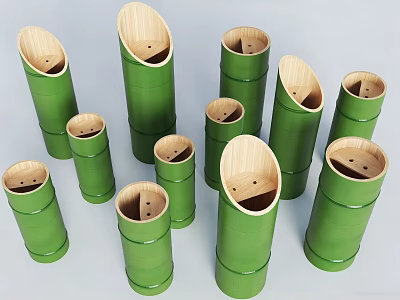 Garden Courtyard Decor with Green Bamboo Tubes Various Sizes Open Top Light Wooden Interior 3d model