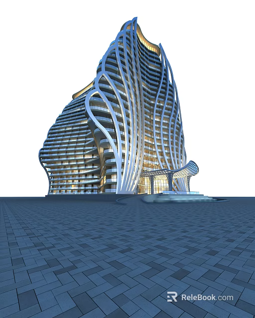 Modern Hotel Building With Unique Curved Architecture Glass Facade And Illuminated Exterior 3d model 
