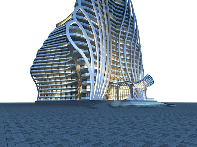 Modern Hotel Building With Unique Curved Architecture Glass Facade And Illuminated Exterior 3d model