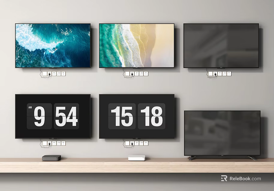 Multiple TVs Mounted on Wall and Shelf Displaying Various Scenes and Time 3d model 