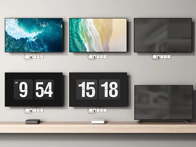 Multiple TVs Mounted on Wall and Shelf Displaying Various Scenes and Time 3d model