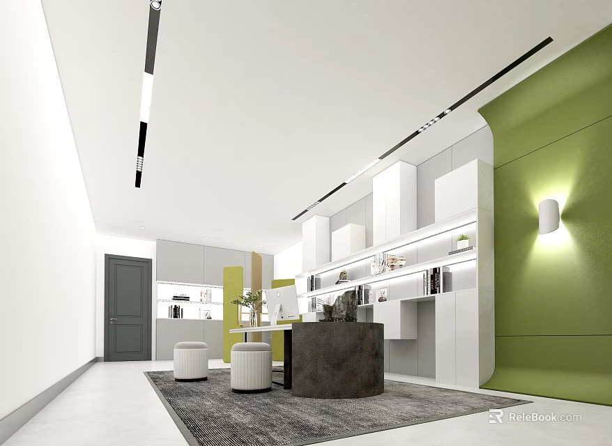 Modern Open Office Space With White Green Walls Bookshelves Round Stools And Carpet 3d model 