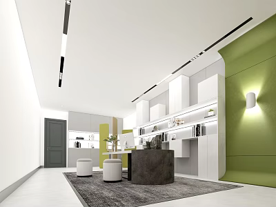 Modern Open Office Space With White Green Walls Bookshelves Round Stools And Carpet 3d model