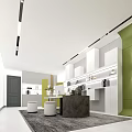 Modern Open Office Space With White Green Walls Bookshelves Round Stools And Carpet