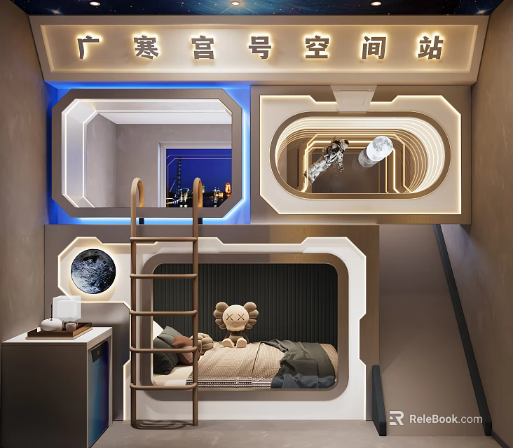 Space Capsule Hotel Room With Bunk Bed Ladder Moon Decor Blue Lighting And Cosmic Theme 3d model 