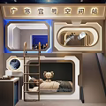 Space Capsule Hotel Room With Bunk Bed Ladder Moon Decor Blue Lighting And Cosmic Theme