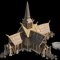 Traditional Nordic Wooden House With Detailed Steeple Carvings And Stone Pillars