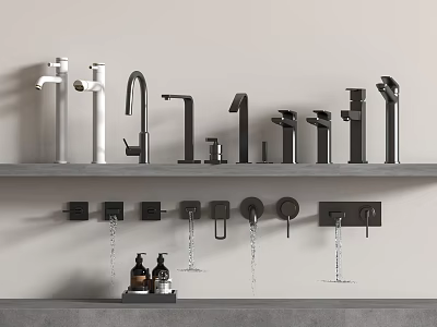 Various Modern Black And White Water Faucets Displayed On Shelves With Different Styles 3d model