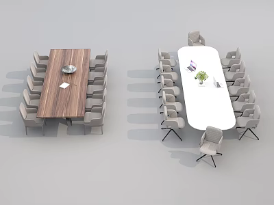 Wooden Rectangular And White Oval Conference Tables With Gray Chairs Laptop And Green Plant 3d model