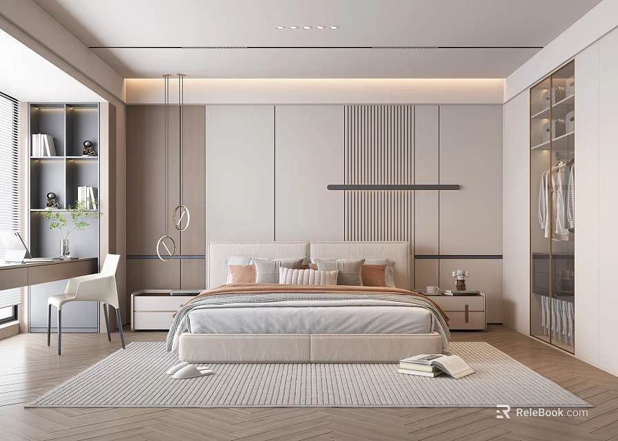 Elegant Modern Bedroom Interior With Large Bed Nightstands Hanging Lamps And Area Rug 3d model 