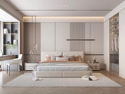 Elegant Modern Bedroom Interior With Large Bed Nightstands Hanging Lamps And Area Rug 3d model