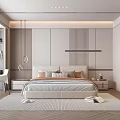 Elegant Modern Bedroom Interior With Large Bed Nightstands Hanging Lamps And Area Rug