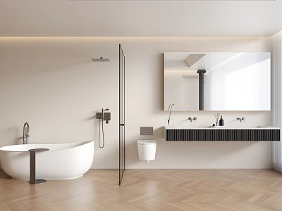 Modern Bathroom Interior Design With Freestanding Bathtub Shower Vanity And Herringbone Floor 3d model