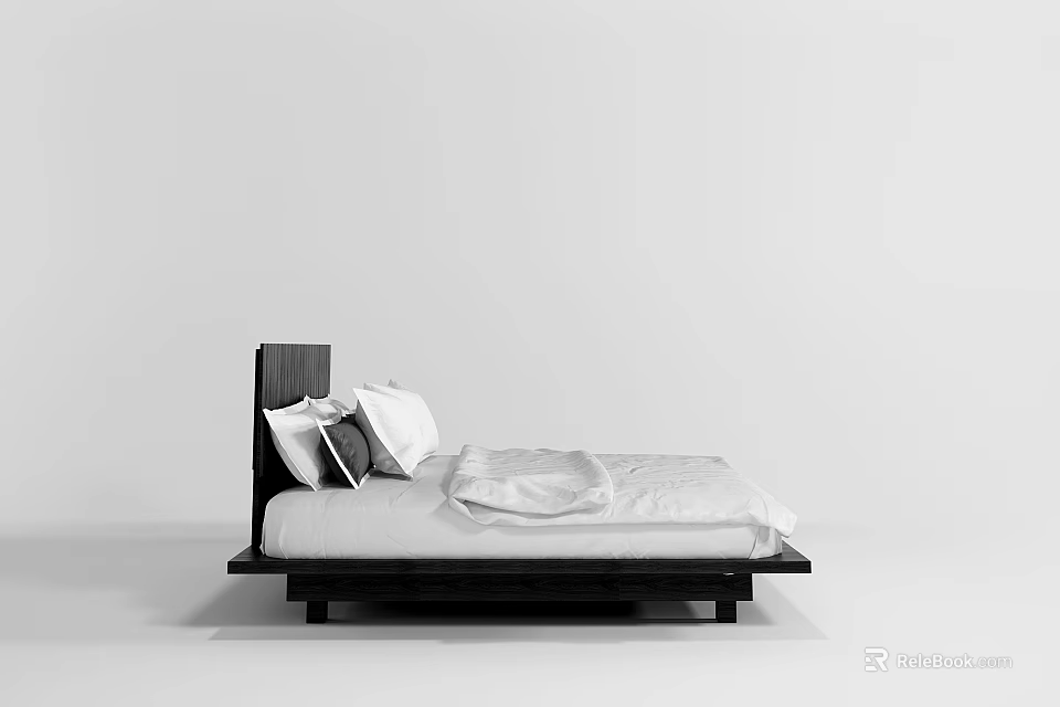 Minimalist Modern Double Bed Featuring Dark Wooden Headboard White Sheets And Pillows 3d model 