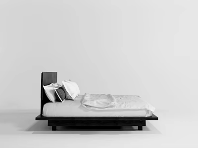 Minimalist Modern Double Bed Featuring Dark Wooden Headboard White Sheets And Pillows 3d model