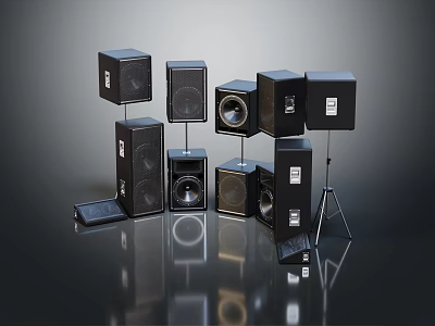 Various Black Audio Speakers In Different Sizes And Shapes On Stands And Floor 3d model