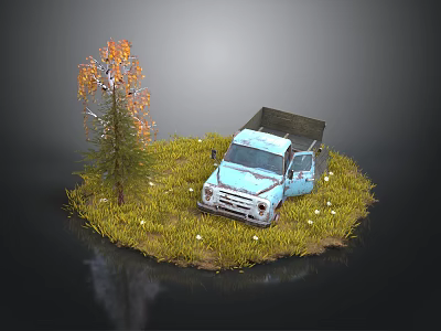 Light Blue Vintage Truck And Orange Leaf Tree In Grass With White Flowers 3d model