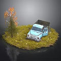 Light Blue Vintage Truck And Orange Leaf Tree In Grass With White Flowers