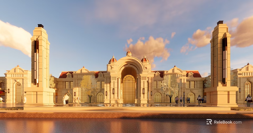 Grand Symmetrical European Building With Arched Entrance Red Roof Waterfront Square 3d model 