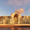 Grand Symmetrical European Building With Arched Entrance Red Roof Waterfront Square