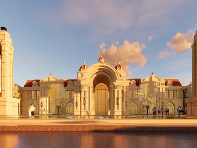 Grand Symmetrical European Building With Arched Entrance Red Roof Waterfront Square 3d model