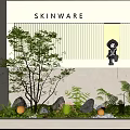 Modern Indoor Landscape With Tree Green Plants Stones Vertical Striped Wall And Astronaut Model