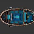 Blue and Orange Small Fishing Boat with Cabin Lifebuoy and Railing as Water Transport