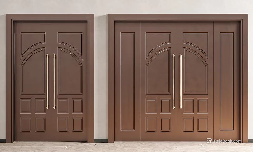 Brown Copper Double Doors Featuring Decorative Panels And Golden Handles 3d model 