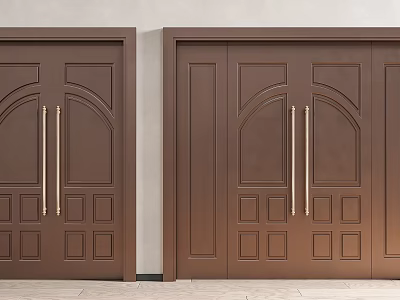 Brown Copper Double Doors Featuring Decorative Panels And Golden Handles 3d model