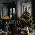 Classic Christmas Living Room With Decorated Fireplace Lit Tree Gifts Sofa And Bookshelf