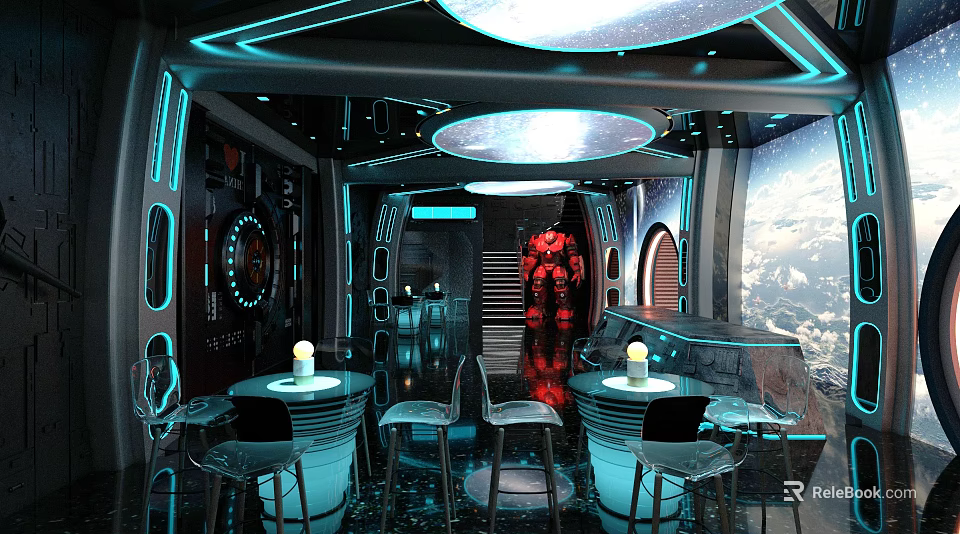 Futuristic Store Front Desk With Blue Lighting Round Tables Red Decor And Starry Ceiling 3d model 